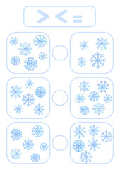 Activity page, sheet for kids. A mathematical task for comparing numbers. Winter game for teaching a child. Exercise with a snowflake pattern. Counting lesson for preschooler more, less, equal