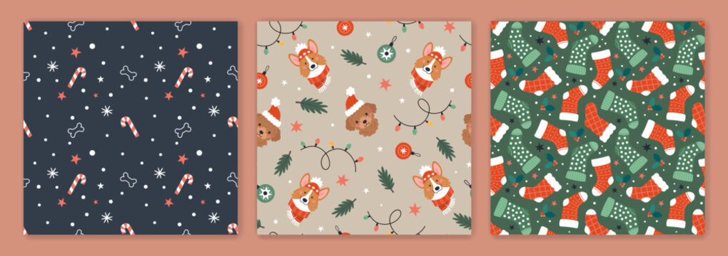 Christmas and Dogs patterns collection. Vector illustration of three flat seamless patterns with cute cartoon puppies in winter hats and scarfs, Christmas socks, balls, and other decor 