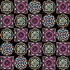 Seamless pattern with different mandalas on black background.