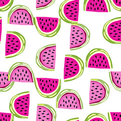 Hand drawn watermelon slices seamless pattern. Cute watermelons endless wallpaper. Funny fruit backdrop.