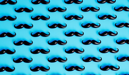 Mustache background. Lots of male mustaches on a blue background. 3D Rendering