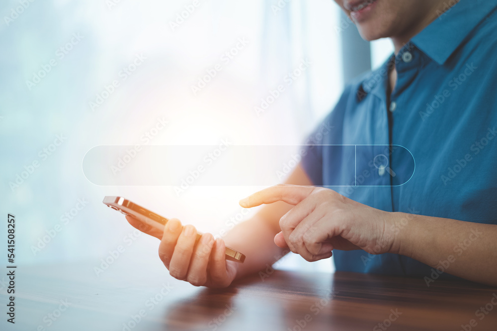 Poster search engine on internet concept, woman using computer search engine on internet online browsing te