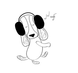 Hand drawn doodle cute dachshunds with headphones dancing to the music on white background, happy dog,  Flat vector illustration for prints, clothing, packaging and postcards.