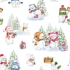 Snowman seamless pattern. Watercolor winter design. Snowmen, snow animals, Christmas tree. Cute characters, funny texture for kids decor, fabric, textile, wallpaper, wrapping paper