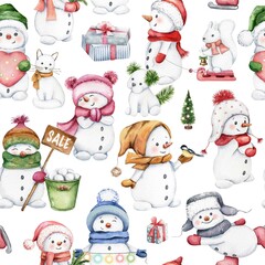 Snowman seamless pattern. Watercolor Christmas design. Snowmen, snow animals. Cute winter characters, funny texture for kids decor, fabric, textile, wallpaper, wrapping paper