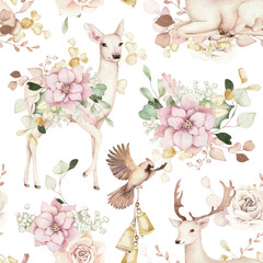 Watercolor seamless pattern. Elegant Christmas design. Deer, bird, flower, golden elements. Hand  drawn illustration. Cute holidays texture for decor, fabric, textile, wallpaper, wrapping paper