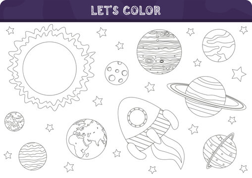 Big space coloring book for printing for kids. Cosmonautics and Space Day. Funny planets, rocket, solar system. Coloring book. Let s color the page. Vector illustration.