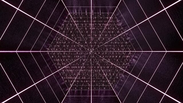 Sci fi hexagon binary wall texture neon tunnel. Time travel or space and time metaphor metaverse web 3. 3d render cgi video