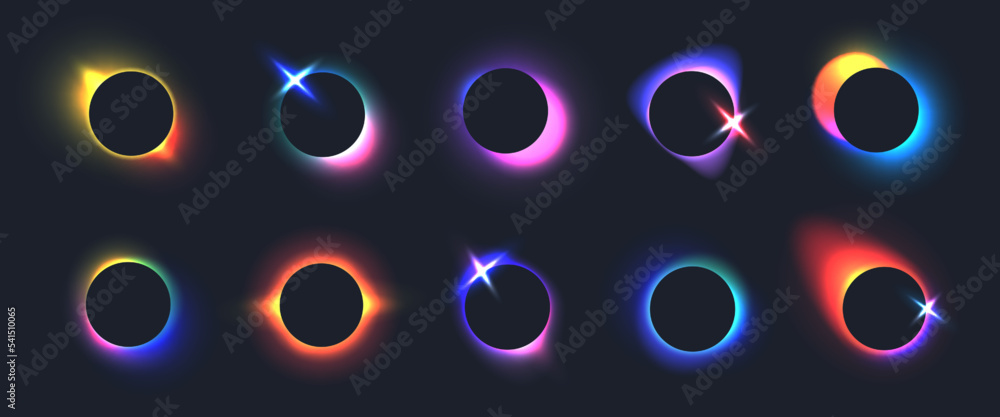 Wall mural black frames with blurred neon gradients and sparks, glowing circles with holographic light blur eff