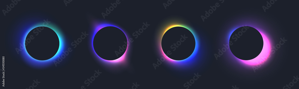 Aufkleber black round circles with blurred neon gradients, glowing frames with holographic light blur effect. 