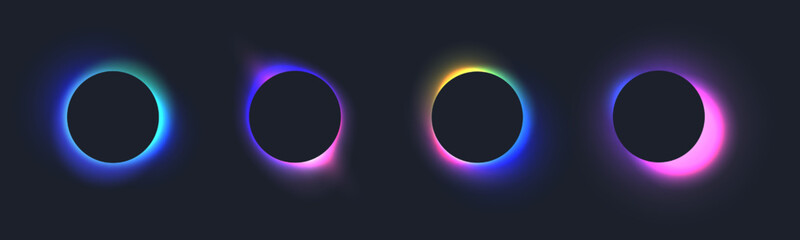 Black round circles with blurred neon gradients, glowing frames with holographic light blur effect. Trendy colorful fluid gradient elements, vivid futuristic blurry circle banner vector set