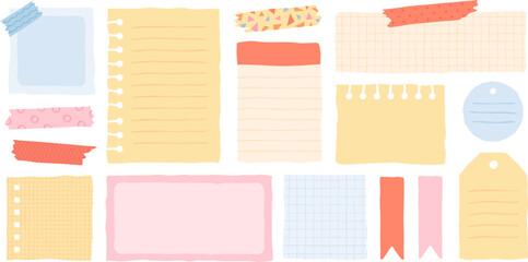 Cute sticky paper notes, blank notebook pages, tags, colorful washi tape with patterns. memo sheet stickers, daily planner or scrapbook decoration elements vector set