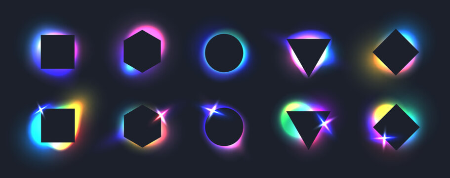 Black frames with blurred neon gradients, glowing geometric shapes with holographic light blur effect. Trendy vivid futuristic blurry square banner, colorful fluid gradient elements vector set
