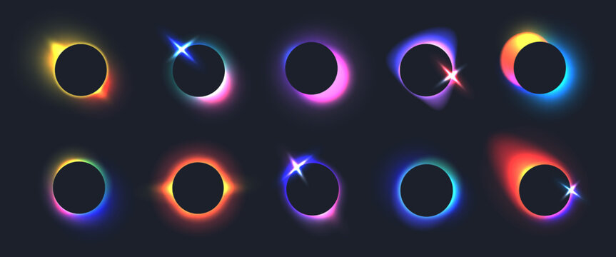 Black frames with blurred neon gradients and sparks, glowing circles with holographic light blur effect. Trendy vivid futuristic blurry circle banner, colorful fluid gradient elements vector set