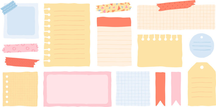 Cute sticky paper notes, blank notebook pages, tags, colorful washi tape with patterns. memo sheet stickers, daily planner or scrapbook decoration elements vector set