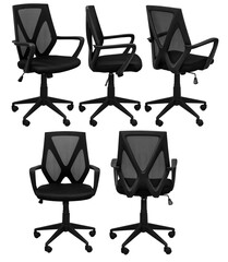 Black office chair with a mesh back. Isolated from the background. View from different sides