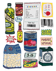 illustration hand-drawn grocery aisle fast track. youth food and branding market gender graphics