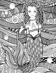 Black and white Mermaid girl underwater. Black and white Sea coloring book.