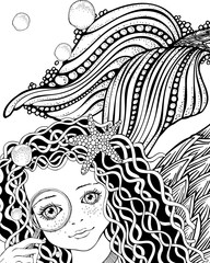 Black and white Mermaid girl underwater. Black and white Sea coloring book.