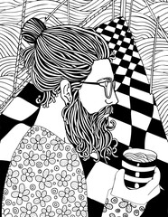 Bearded man with coffe. Seaside promenade. Black and white Adult coloring book page