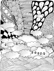 Seascape with waves and sun. Black and white Landscape. Sea coloring book page.