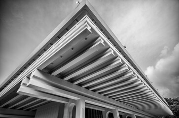 Sideview of a Building Roofline in Back and White.