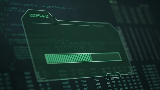 close-up of a dirty computer monitor, random data and code on background, progress bar, concept of download, upload, antivirus scan, computer hacking (3d render)