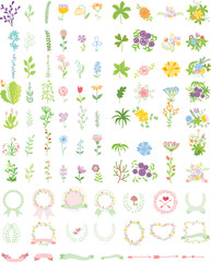 Set of wedding graphic set- wreath, flowers, arrows, hearts, laurel, ribbons and labels, hand drawing vector illustration