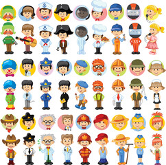 Fototapeta premium Kids in professional uniform. Children doing different job as builder, teacher, businessman, doctor and firefighter. Boys and girls choosing career. Characters employees isolated vector