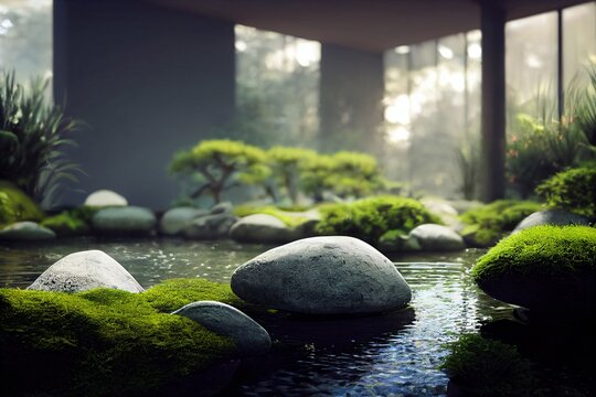 peaceful japanese indoor stone and water garden with moss, modern architecture, fictional interior created with generative ai