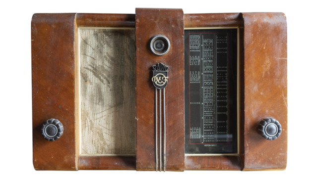 Old Vintage Radio Receiver. Antique Old Brown Radio  Soviet Receiver Worldwide Transmission Over Short Wave From the Last Century .Isolated on Transperent Background