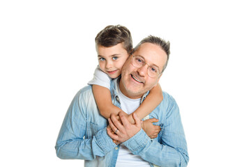 Happy men with adopted child on white background
