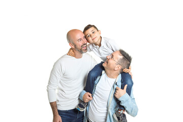 Two man couple with adopted child on white background
