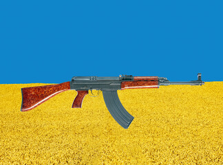 An old assault rifle on a background of a blue sky with yellow grain field symbolizes the colors of...