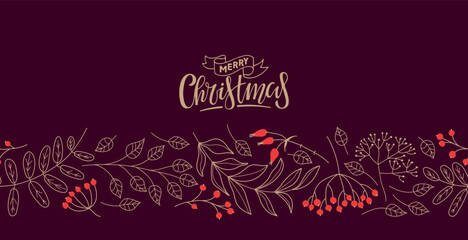 Natural seamless border with red Berries, twigs, merry christmas calligraphy lettering. Floral winter vector Design for wallpaper, wrapping, scrapbooking, manufacturing. Christmas Repeated background