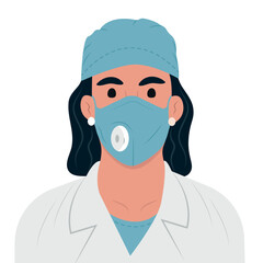 Female doctor in lab coat, mask and headdress.Flat vector illustration