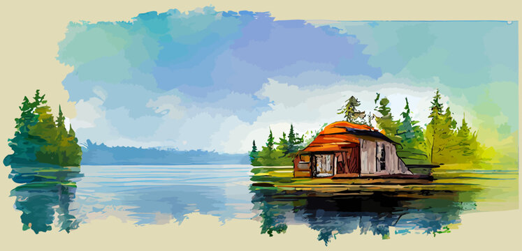 illustration vector graphic of lake house on watercolor painting style good for print on postcard, poster or background