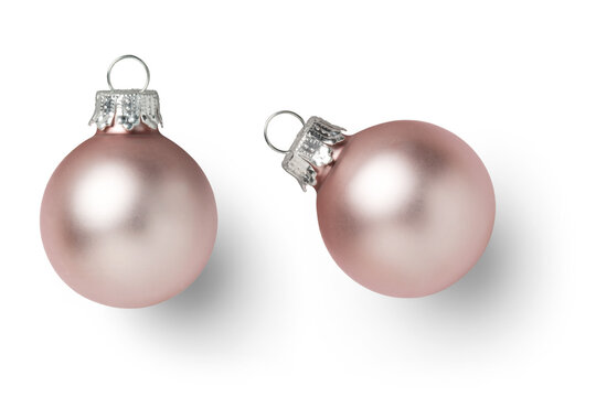 two small pink shabby chic Christmas baubles / ornament, isolated design elements, flat lay / top view with subtle shadows