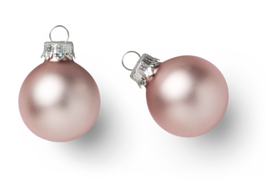 two small pink shabby chic Christmas baubles / ornaments, isolated seasonal holiday design elements, flat lay / top view with subtle shadows - Powered by Adobe
