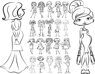 Vector fashion illustrations of group of model women, wearing trendy clothes. Hand drawn isolated figures on white background