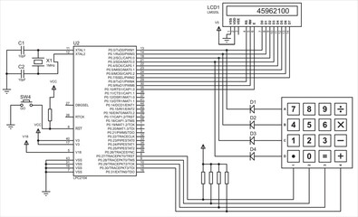 Design four function floating point 
calculator using a cpu, alphanumeric display, keypad. Electrical circuit of a information output digital device, operating under the control of a microcontroller