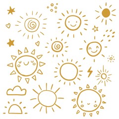 Cute set with sun icons. Funny happy smiley suns. Happy doodles beautiful cartoon characters illustration