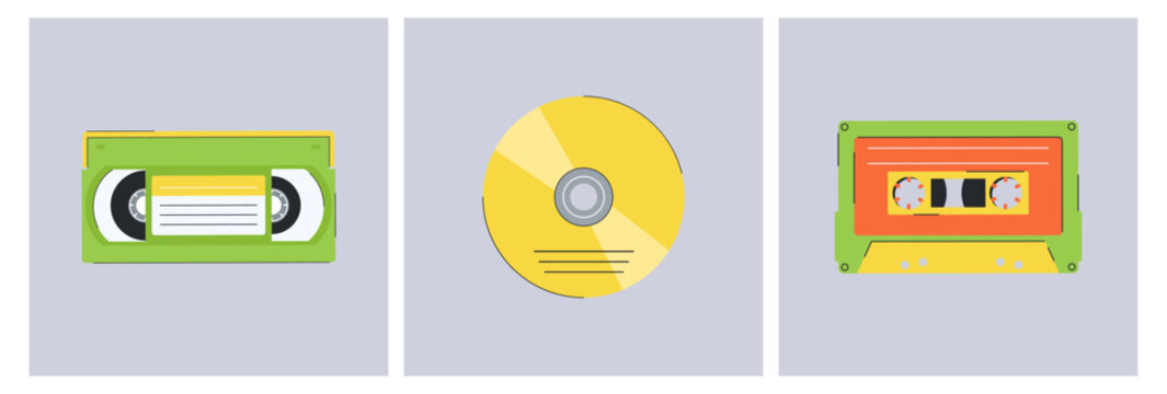 Set of cassete and disk of the 1990s. Set of vector elements in retro design. 90's style vector objects.