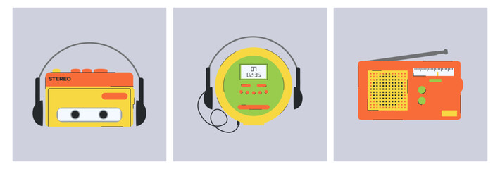Set of audio and CD player of the 1990s. Set of vector elements in retro design. 90's style vector objects. © Olga Zimina