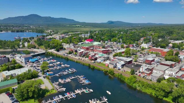 Magog city aerial view at the mouth of Magog River to Lake Memphremagog, Magog, Memphremagog County, Quebec QC, Canada. 