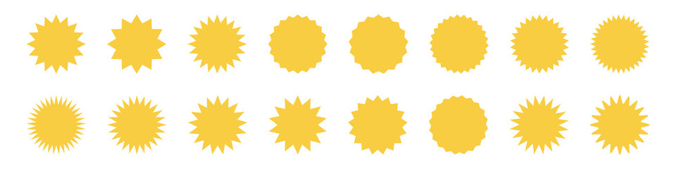 Yellow shopping labels collection. Special offer price tag. Sale or discount sticker. Supermarket promotional badge. Sunburst icons. Stock vector.