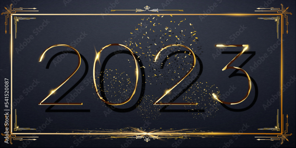 Poster 2023 new year abstract shiny color. new year's figures in a liquid melting style, gold flows down fr