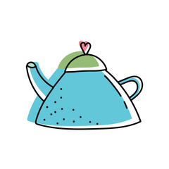 Kettle. Cute teapot with a heart on the lid. Kitchenware. Design element for cafe, restaurant, coffee house, tea house. Vector illustration in doodle style.