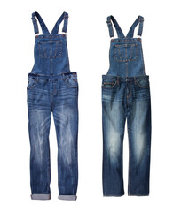 Blue denim overalls with fading. Isolated image on a white background. Nobody. 