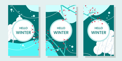 set of dark green, pastel blue, white abstract backgrounds. nature, winter theme. use for backgroud, banner, flyer, brochure, greeting card, social media stories. flat, simple style